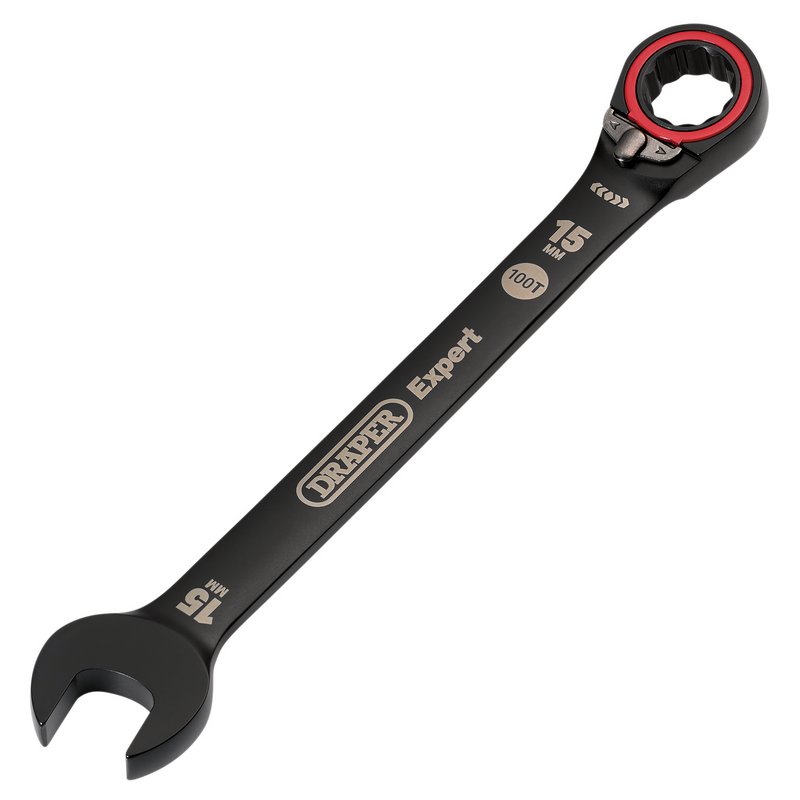 Draper Expert HI-TORQ Metric Reversible Ratchet Combination Spanner, 15mm, Black DRA-03905