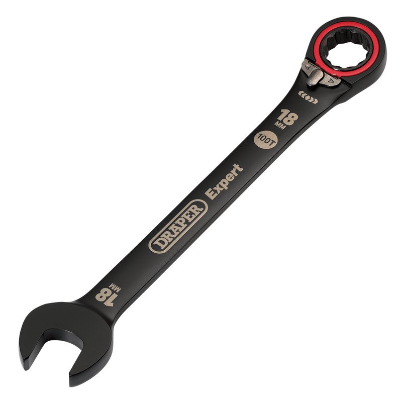 Draper Expert HI-TORQ Metric Reversible Ratchet Combination Spanner, 18mm, Black DRA-03908