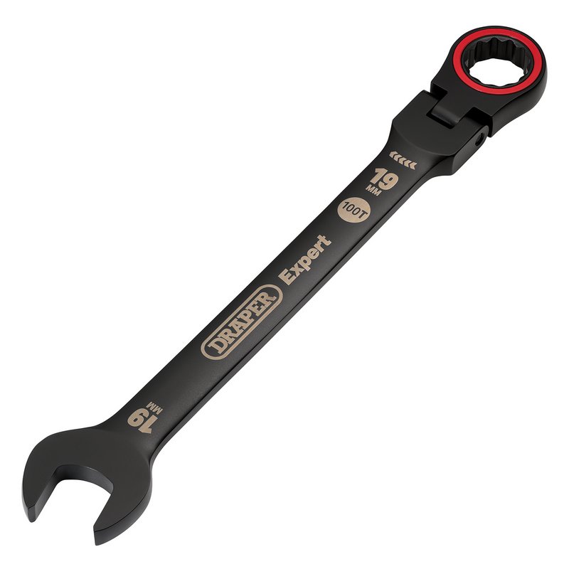 Draper Expert HI-TORQ Metric Flexible Head Ratchet Combination Spanner, 19mm, Black DRA-03926