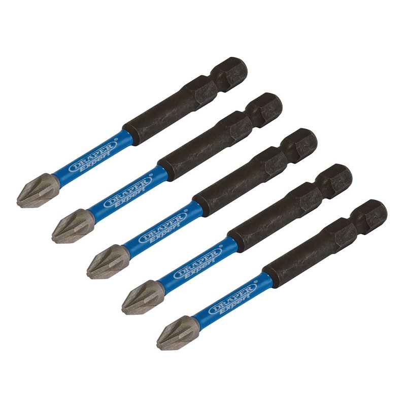 Draper Expert PZ-Type Impact Screwdriver Bits, No.2 x 75mm, 1/4" Hex (Pack of 5) DRA-05675