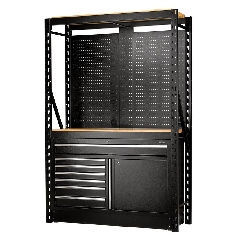 Draper BUNKER® 14 Piece Modular Storage Combo 2 Tier Racking with Hardwood Shelving, Pegboards and Floor Cabinet, 1500mm DRA-28005