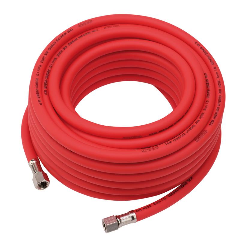 Draper High Visibility Hybrid Air Hose, 15m x 8mm, 1/4" BSP, Red DRA-31735
