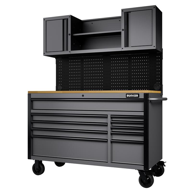 Draper BUNKER 10 Drawer Roller Workstation with Workbench, 56", Light Grey DRA-31761