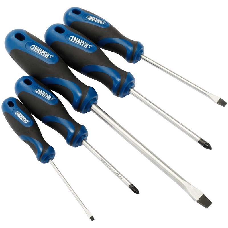 Draper Soft Grip Screwdriver Set, 3 x Plain Slot, 2 x PZ TYPE (5 Piece) DRA-09783