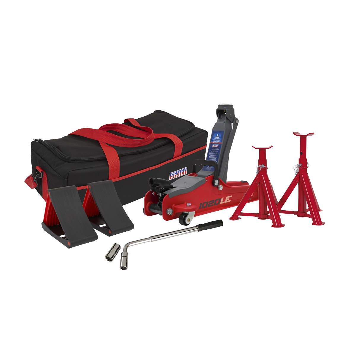 Sealey 2tonne Low Entry Short Chassis Trolley Jack & Accessories Bag Combo - Red 1020LEBAGCOMBO