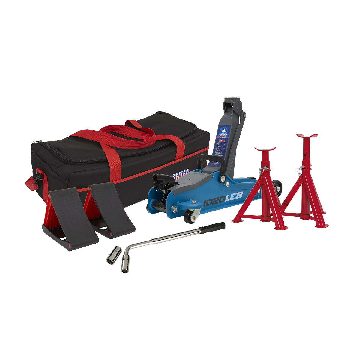 Sealey 2tonne Low Entry Short Chassis Trolley Jack & Accessories Bag Combo - Blue 1020LEBBAGCOMBO