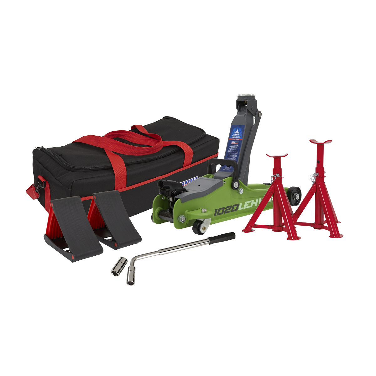 Sealey 2tonne Low Entry Short Chassis Trolley Jack & Accessories Bag Combo - Hi-Vis Green 1020LEHVBAGCOMBO