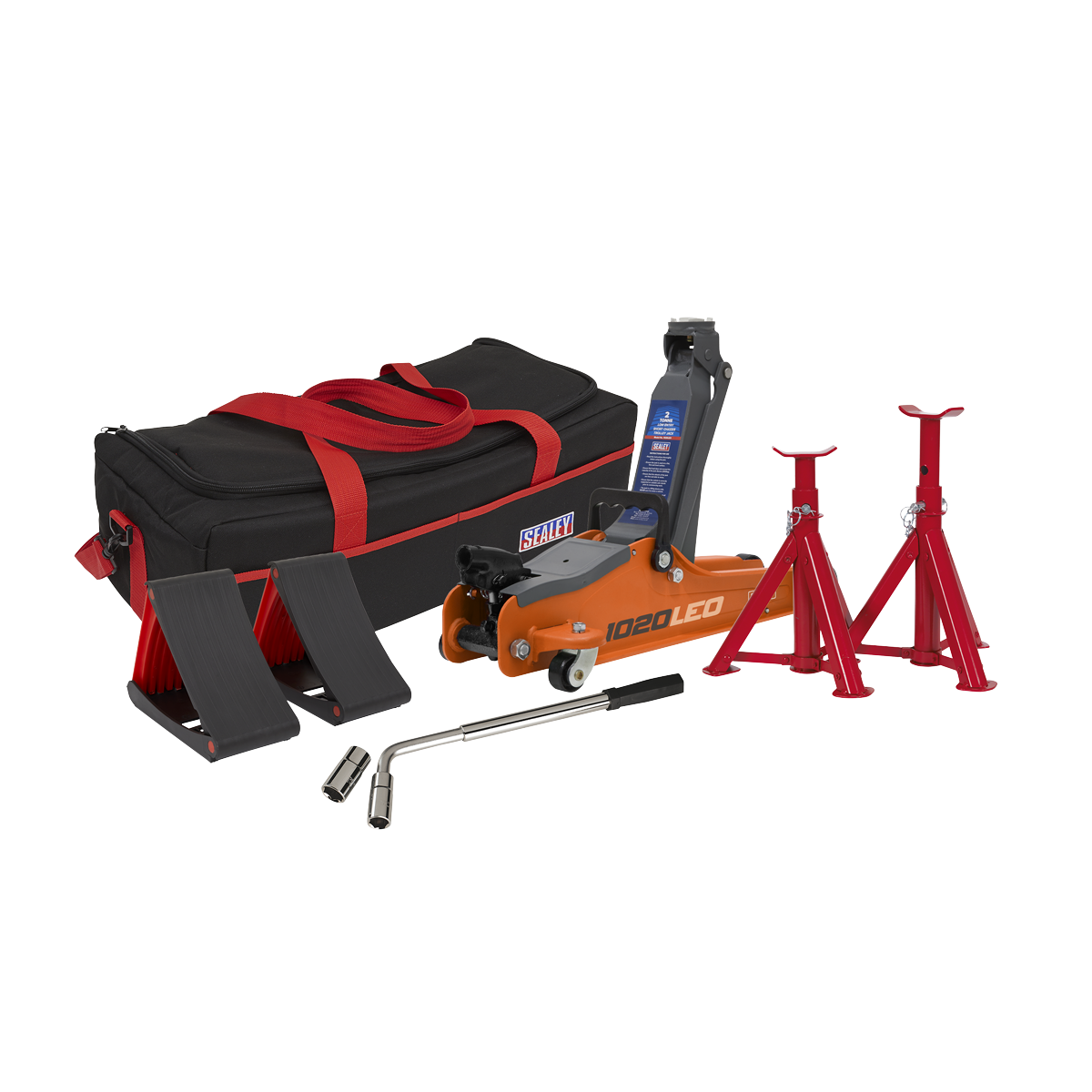Sealey 2tonne Low Entry Short Chassis Trolley Jack & Accessories Bag Combo - Orange 1020LEOBAGCOMBO