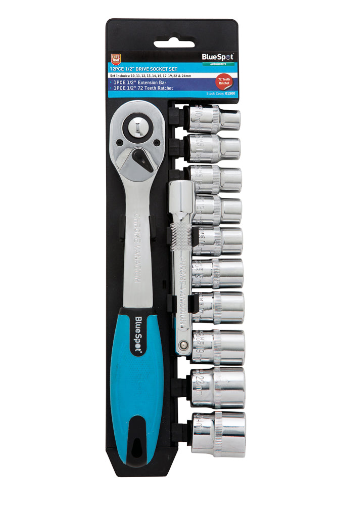 BlueSpot 12 PCE 1/2" Metric Ratchet & Socket Set (10-24mm) 01500