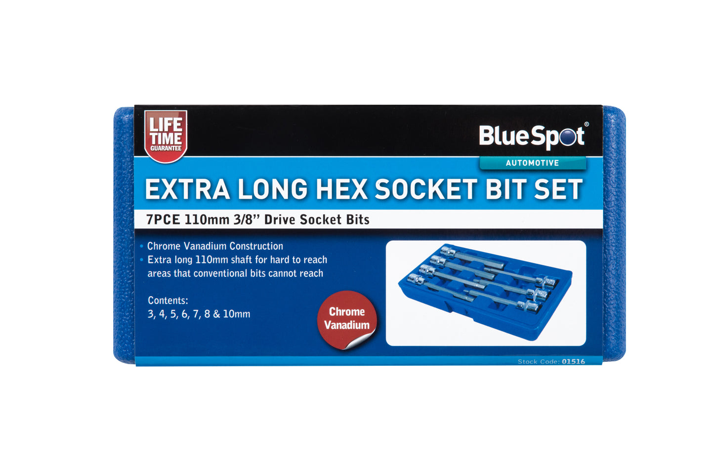BlueSpot 7 PCE 3/8" Extra Long Hex Socket Bit Set (H3-H10) 01516