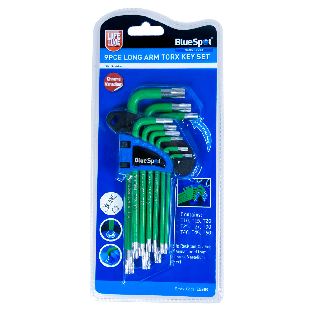 BlueSpot 9 PCE Long Arm Tamper Proof Torx Key Set (T10-T50) 15380