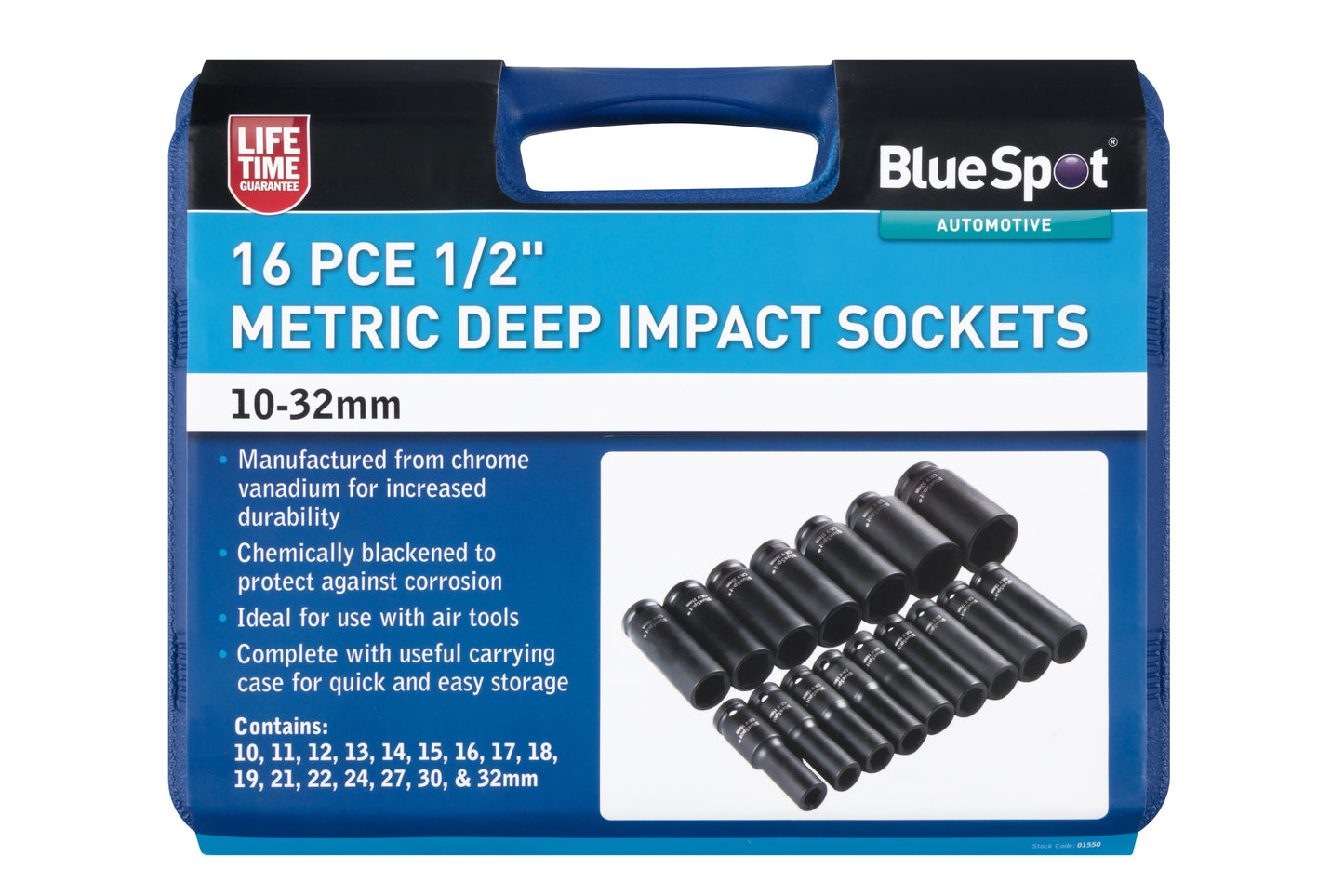 BlueSpot 16 PCE 1/2" Metric Deep Impact Sockets (10-32mm) 01550