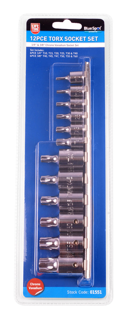 BlueSpot 12 PCE 1/4" (T10-T40) & 3/8" (T40-T60) Torx Socket Set 01551
