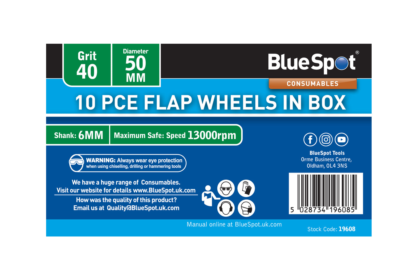 BlueSpot 10 PCE 40 Grit 50MM Flap Wheels In Box 19608