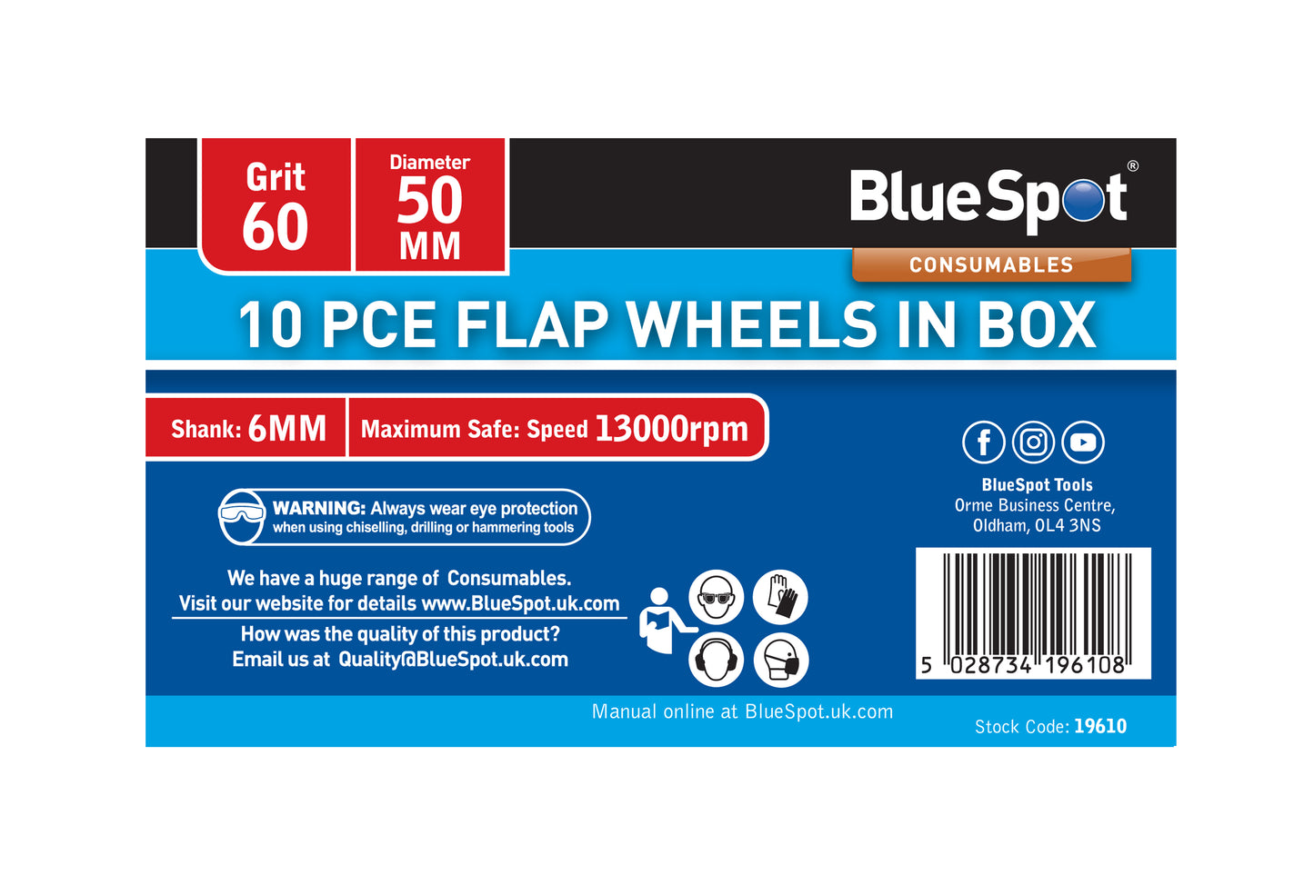 BlueSpot 10 PCE 60 Grit 50MM Flap Wheels In Box 19610