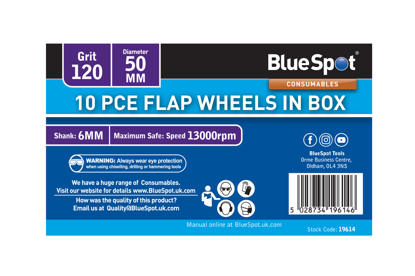 BlueSpot 10 PCE 120 Grit 50MM Flap Wheels In Box 19614