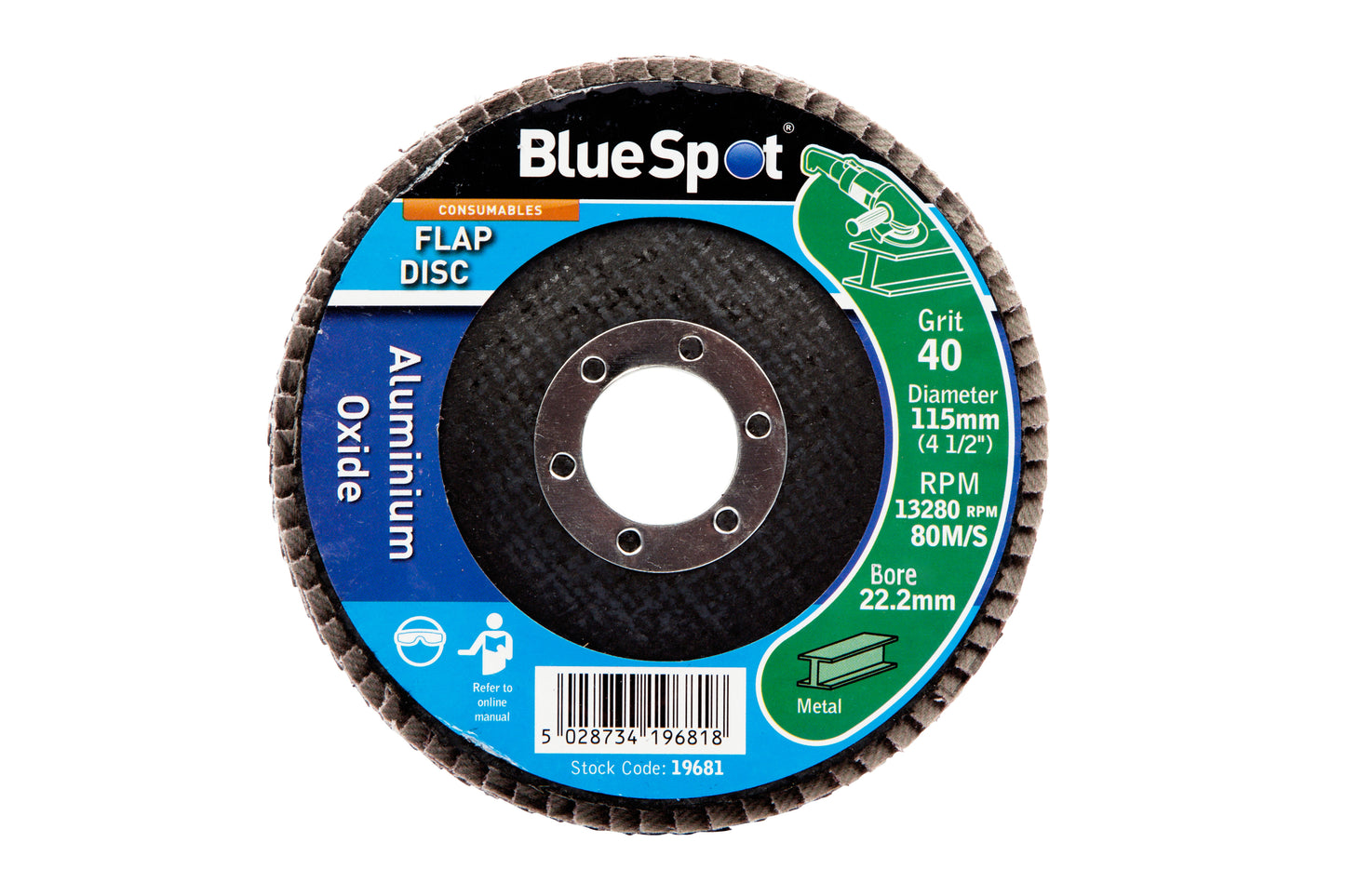 BlueSpot 115mm (4.5") 40 Grit Aluminium Oxide Flap Disc (Header Card) 19681