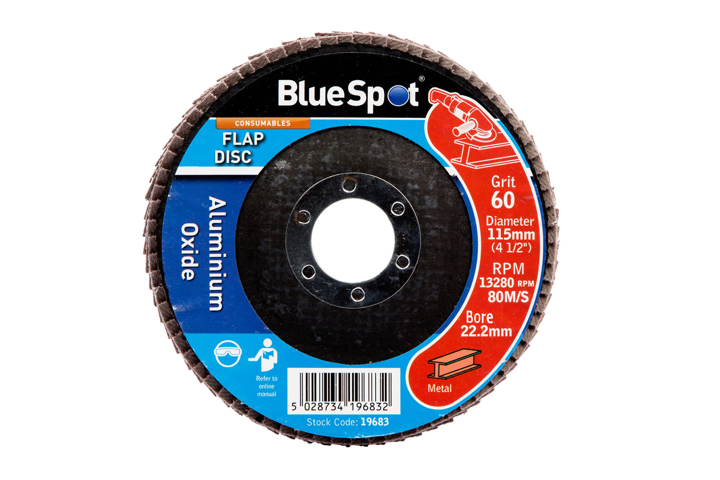 BlueSpot 115mm (4.5") 60 Grit Aluminium Oxide Flap Disc (Header Card) 19683