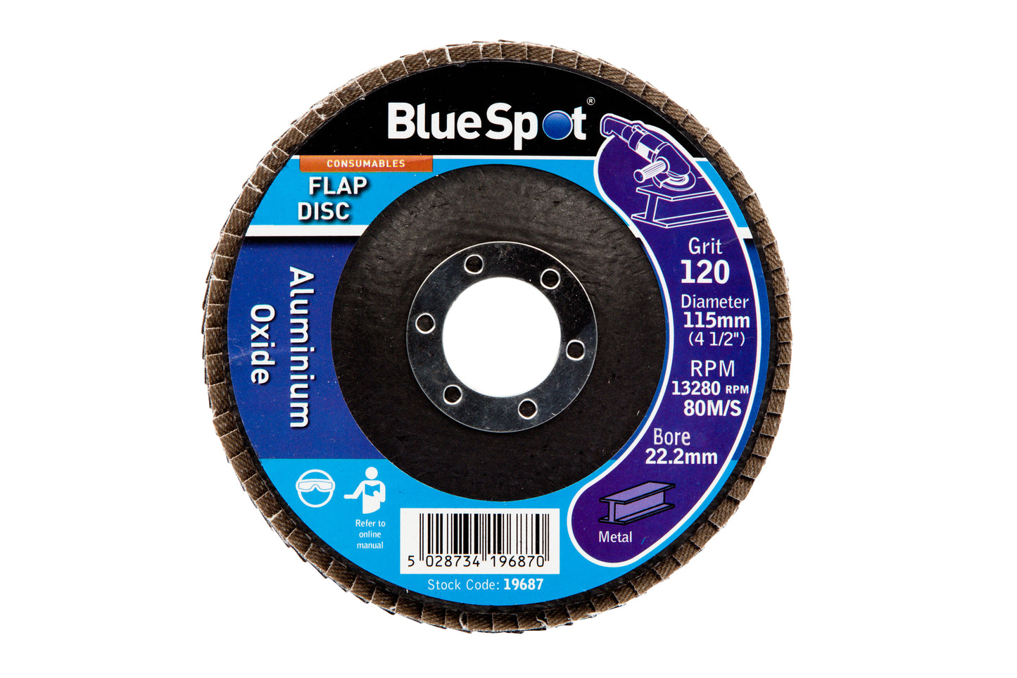 BlueSpot 115mm (4.5") 120 Grit Aluminium Oxide Flap Disc (Header Card) 19687
