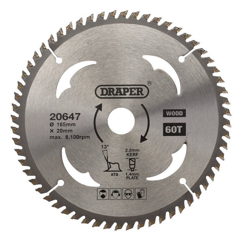Draper TCT Circular Saw Blade for Wood, 165 x 20mm, 60T DRA-20647