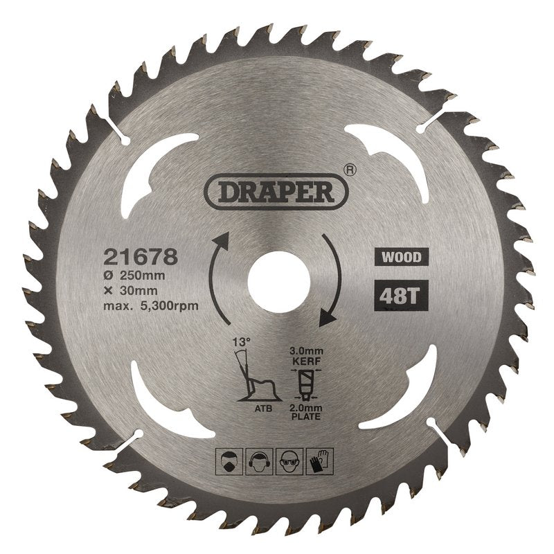Draper TCT Circular Saw Blade for Wood, 250 x 30mm, 48T DRA-21678