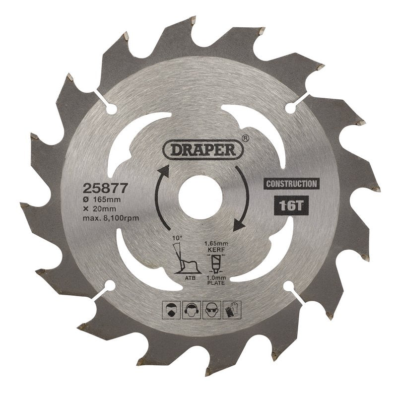 Draper TCT Cordless Construction Circular Saw Blade for Wood & Composites, 165 x 20mm, 16T DRA-25877