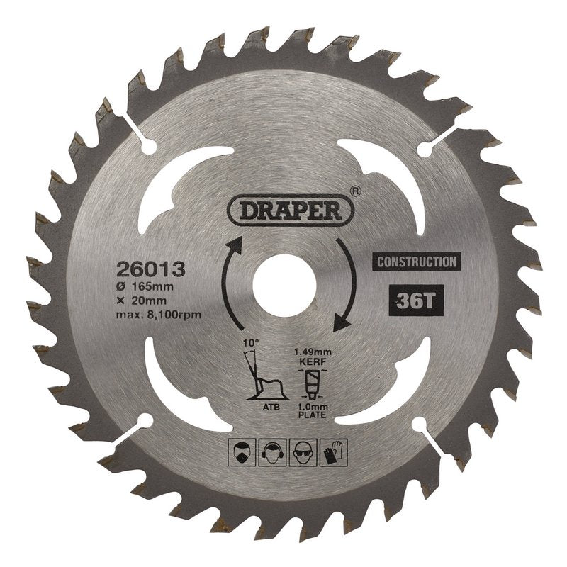 Draper TCT Cordless Construction Circular Saw Blade for Wood & Composites, 165 x 20mm, 36T DRA-26013