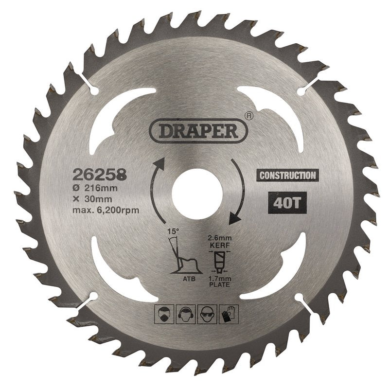 Draper TCT Construction Circular Saw Blade, 216 x 30mm, 40T DRA-26258