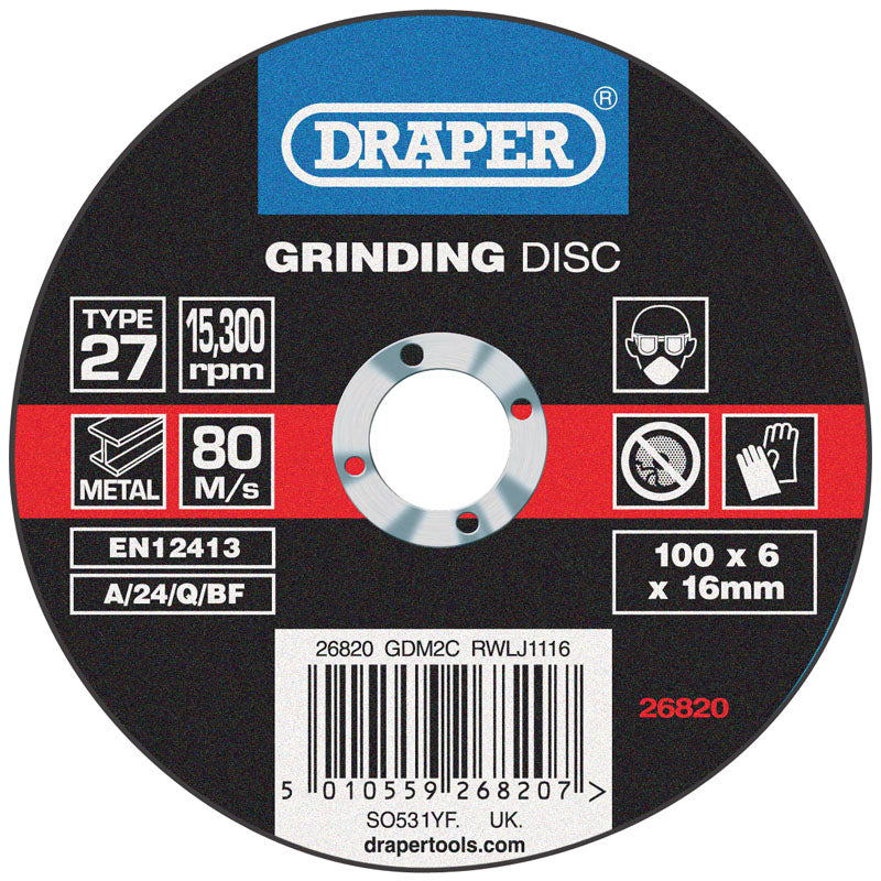 Draper Grinding Disc with Depressed Centre Bore, 100 x 6 x 16mm DRA-26820