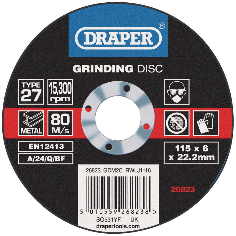 Draper Grinding Disc with Depressed Centre Bore, 115 x 6 x 22.2mm DRA-26823
