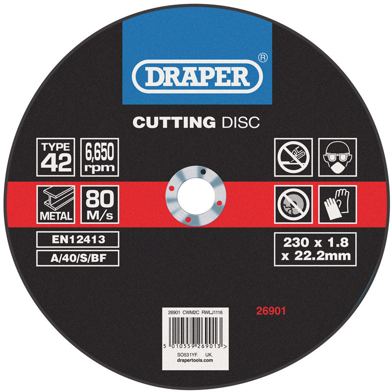 Draper Depressed Centre Metal Cutting Discs, 230 x 1.8 x 22.2mm DRA-26901