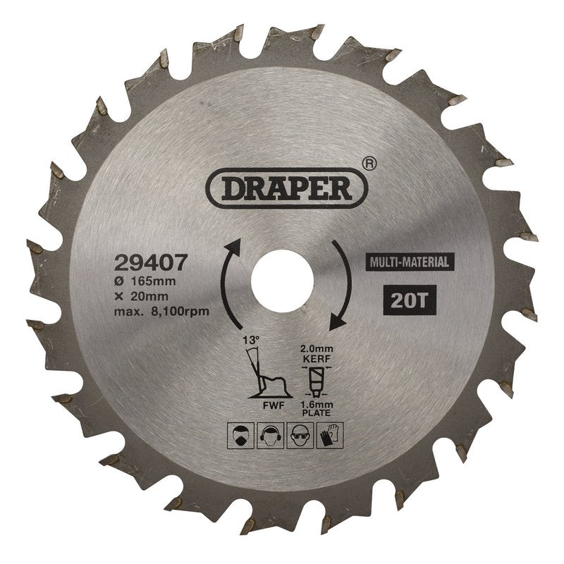 Draper TCT Multi-Purpose Circular Saw Blade, 165 x 20mm, 20T DRA-29407