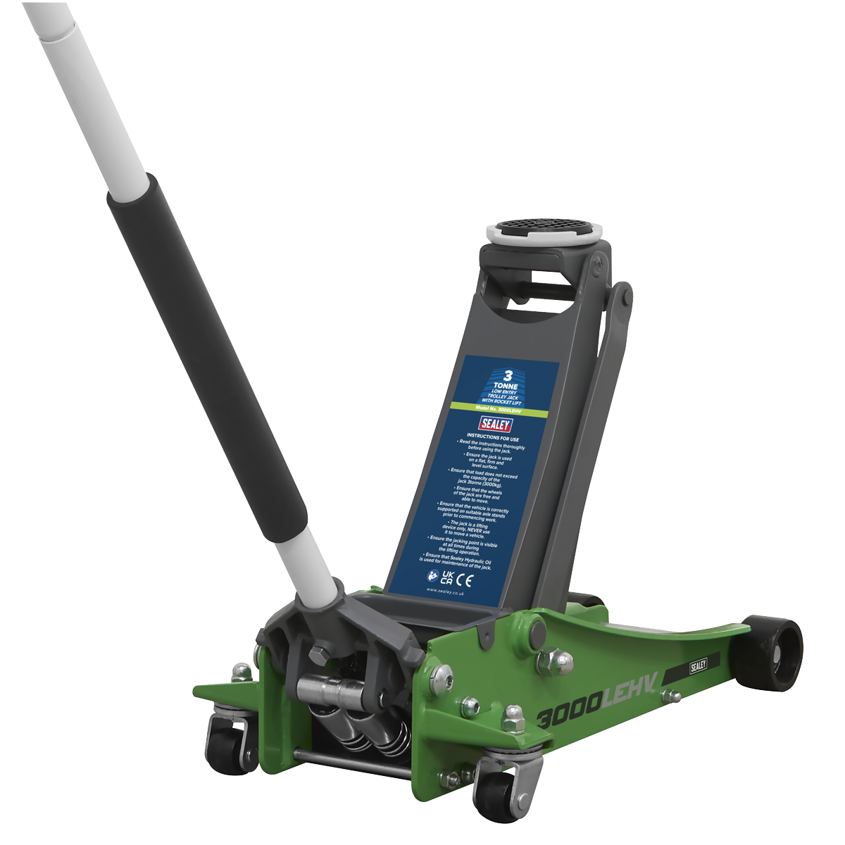 Sealey 3tonne Low Entry Trolley Jack with Rocket Lift - Hi-Vis Green 3000LEHV