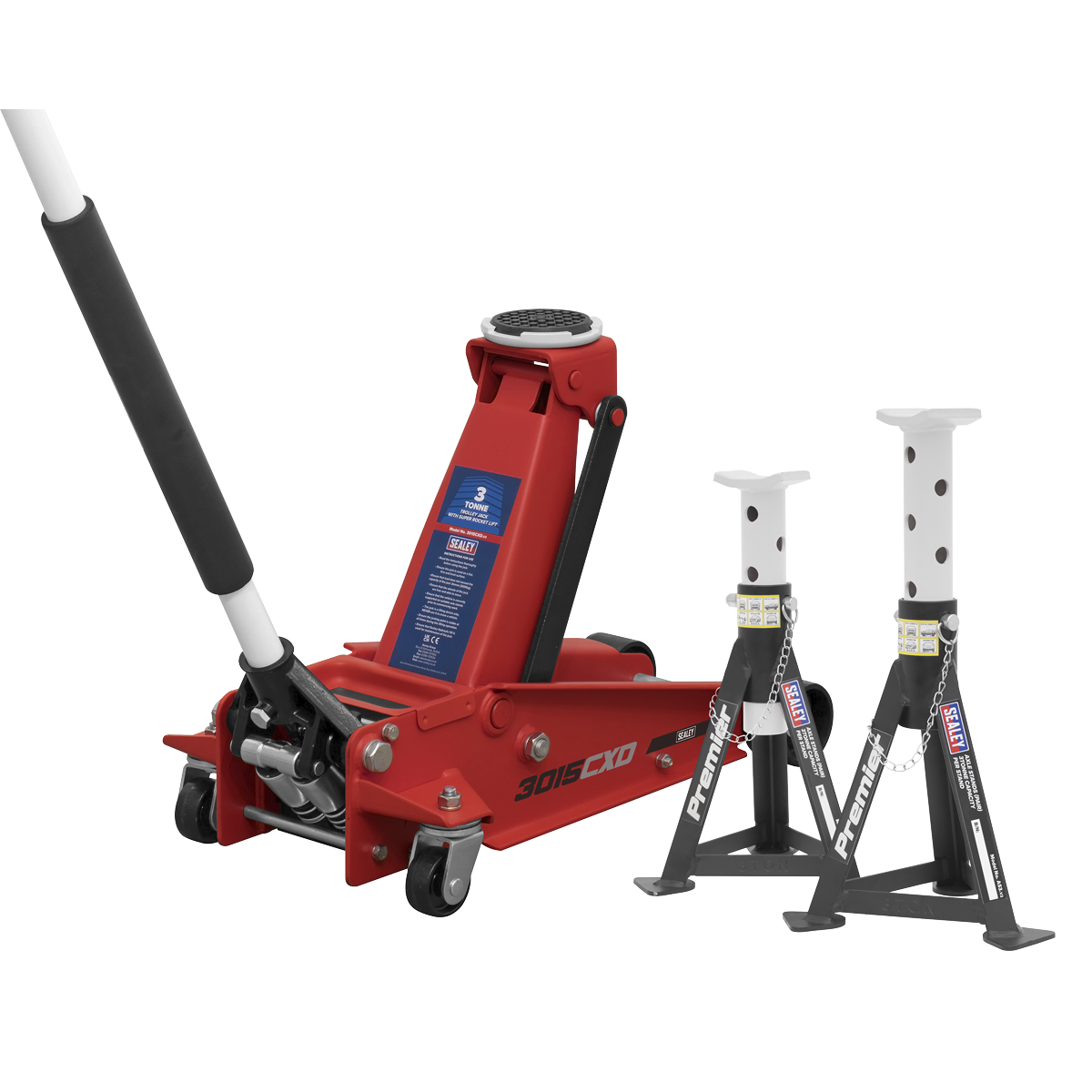 Sealey 3tonne Trolley Jack with Super Rocket Lift & Axle Stands (Pair) 3015CXDCOMBO1