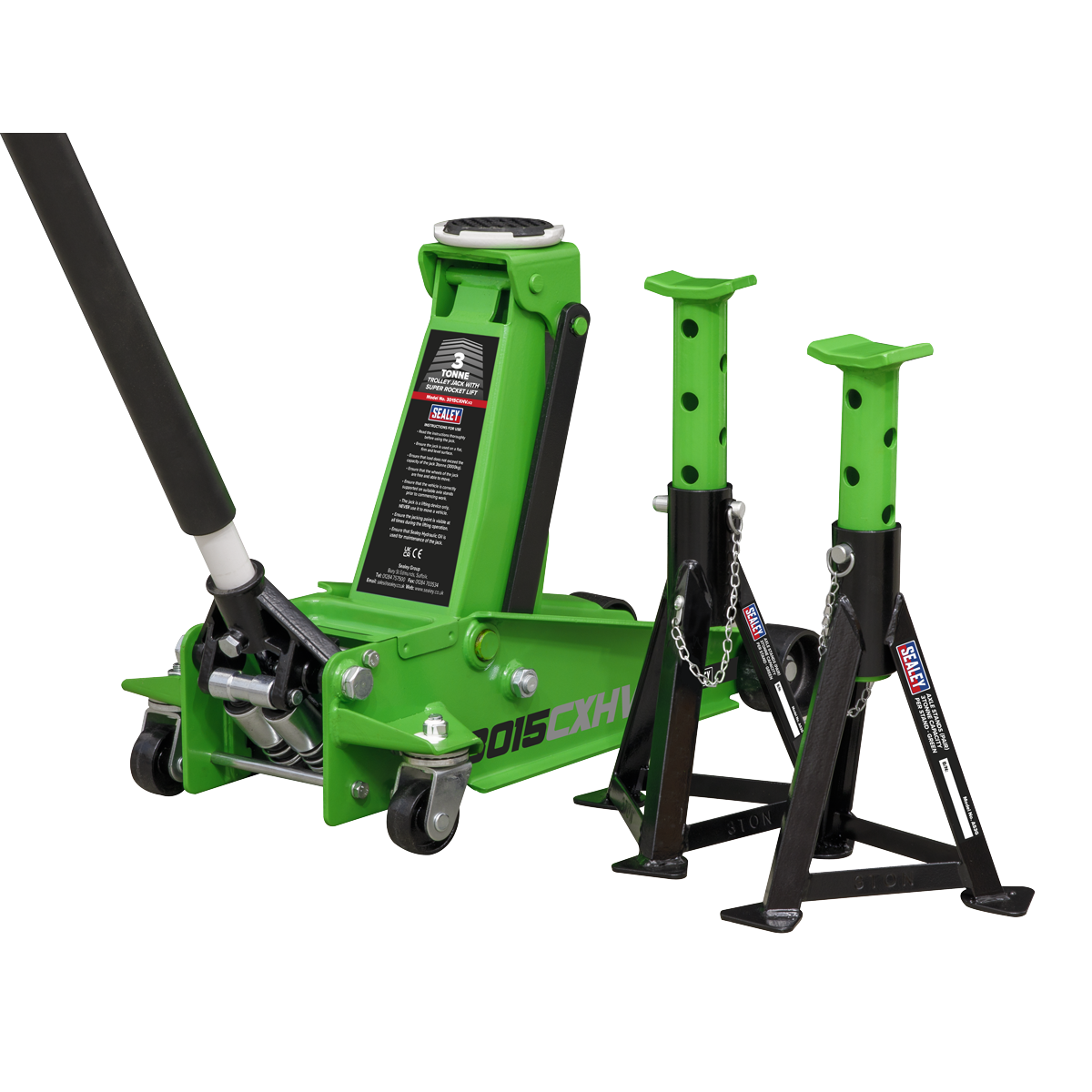 Sealey 3tonne Trolley Jack with Super Rocket Lift & Axle Stands (Pair) - Hi-Vis Green 3015CXHV