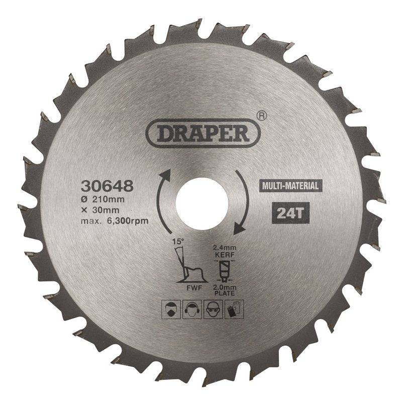 Draper TCT Multi-Purpose Circular Saw Blade, 210 x 30mm, 24T DRA-30648
