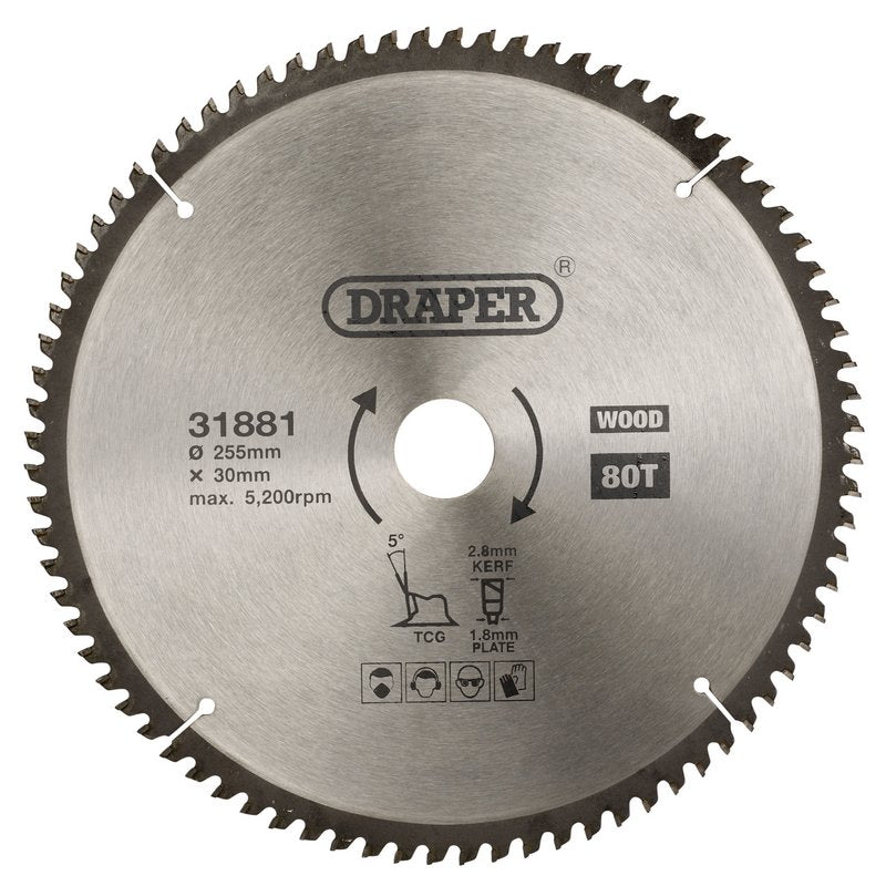 Draper TCT Triple Chip Grind Circular Saw Blade, 255 x 30mm, 80T DRA-31881