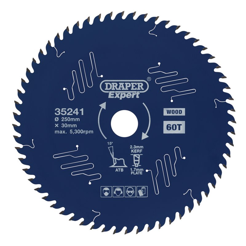 Draper Expert TCT Circular Saw Blade for Wood with PTFE Coating, 250 x 30mm, 60T DRA-35241