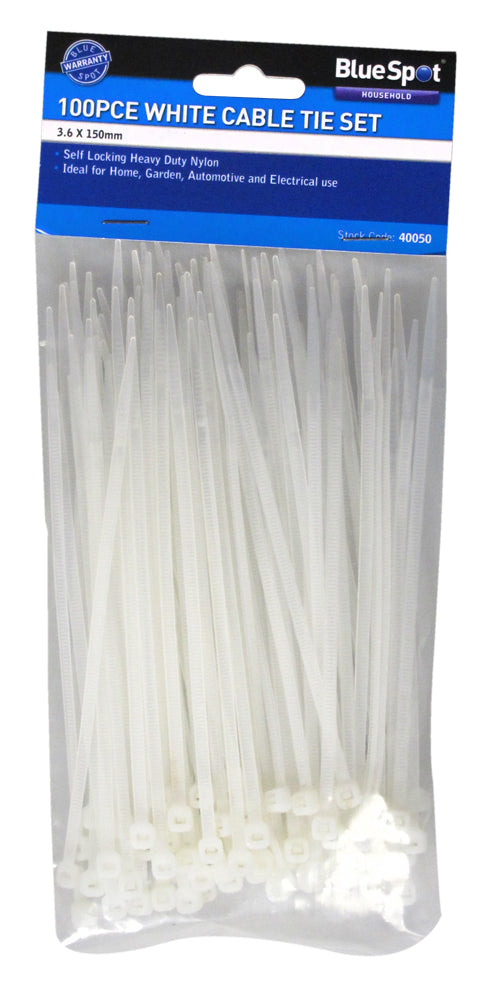 BlueSpot 100 PCE 3.6mm X 150mm White Cable Ties 40050
