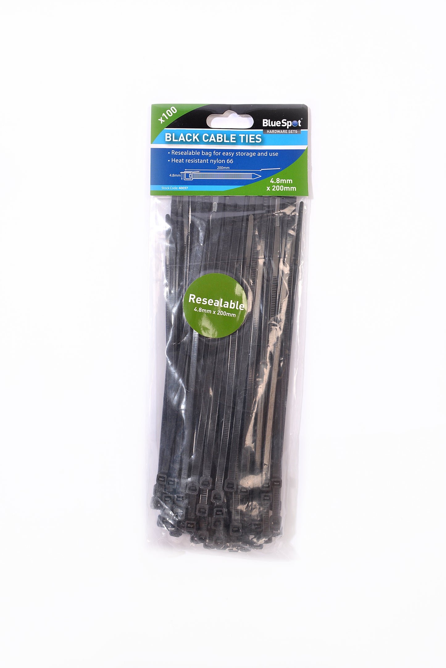 BlueSpot 100 PCE 4.8mm X 200mm Black Cable Ties 40057