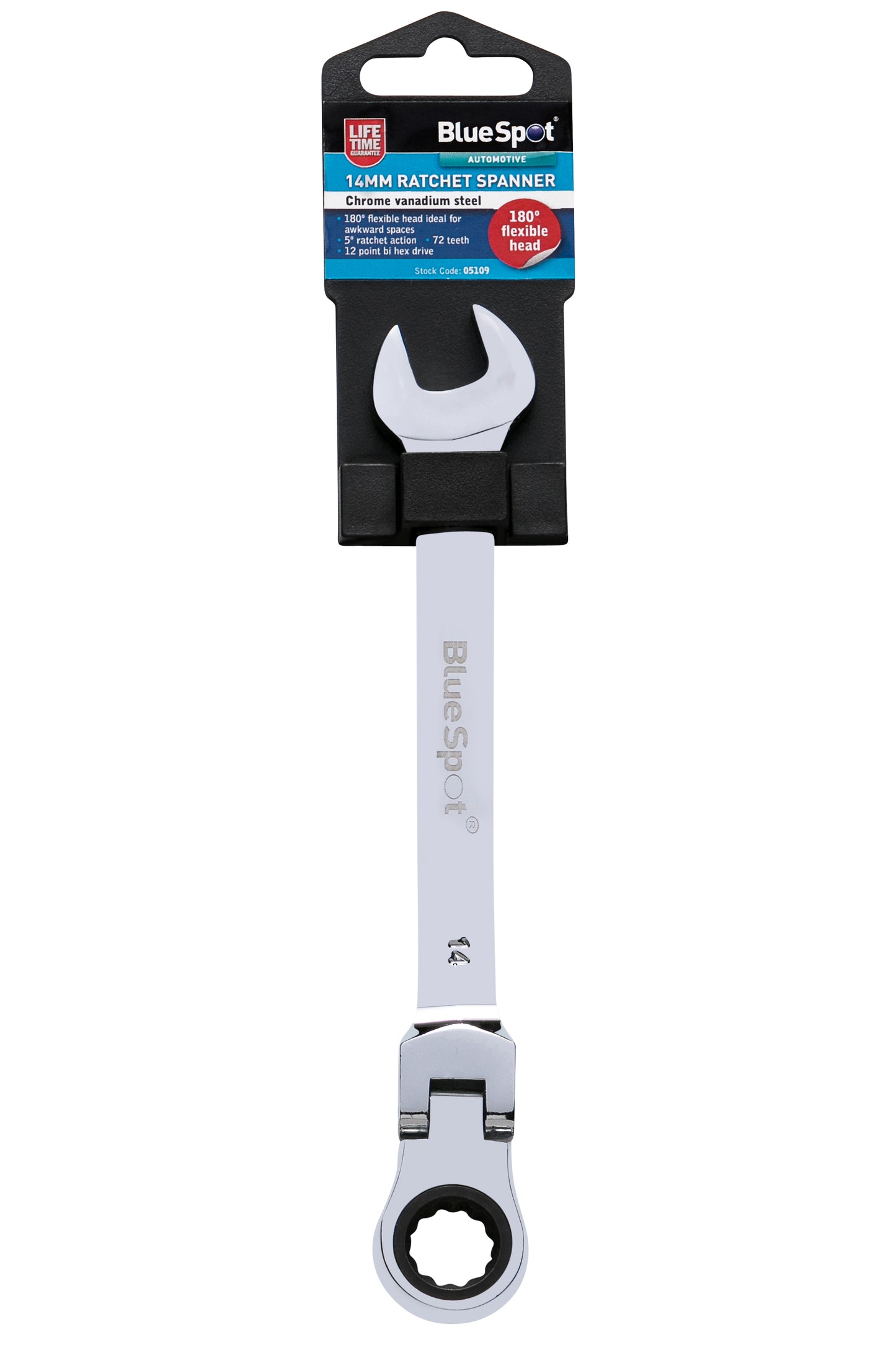 BlueSpot 14mm Chrome Vanadium Ratchet Spanner Flexible Head (180°) 05109