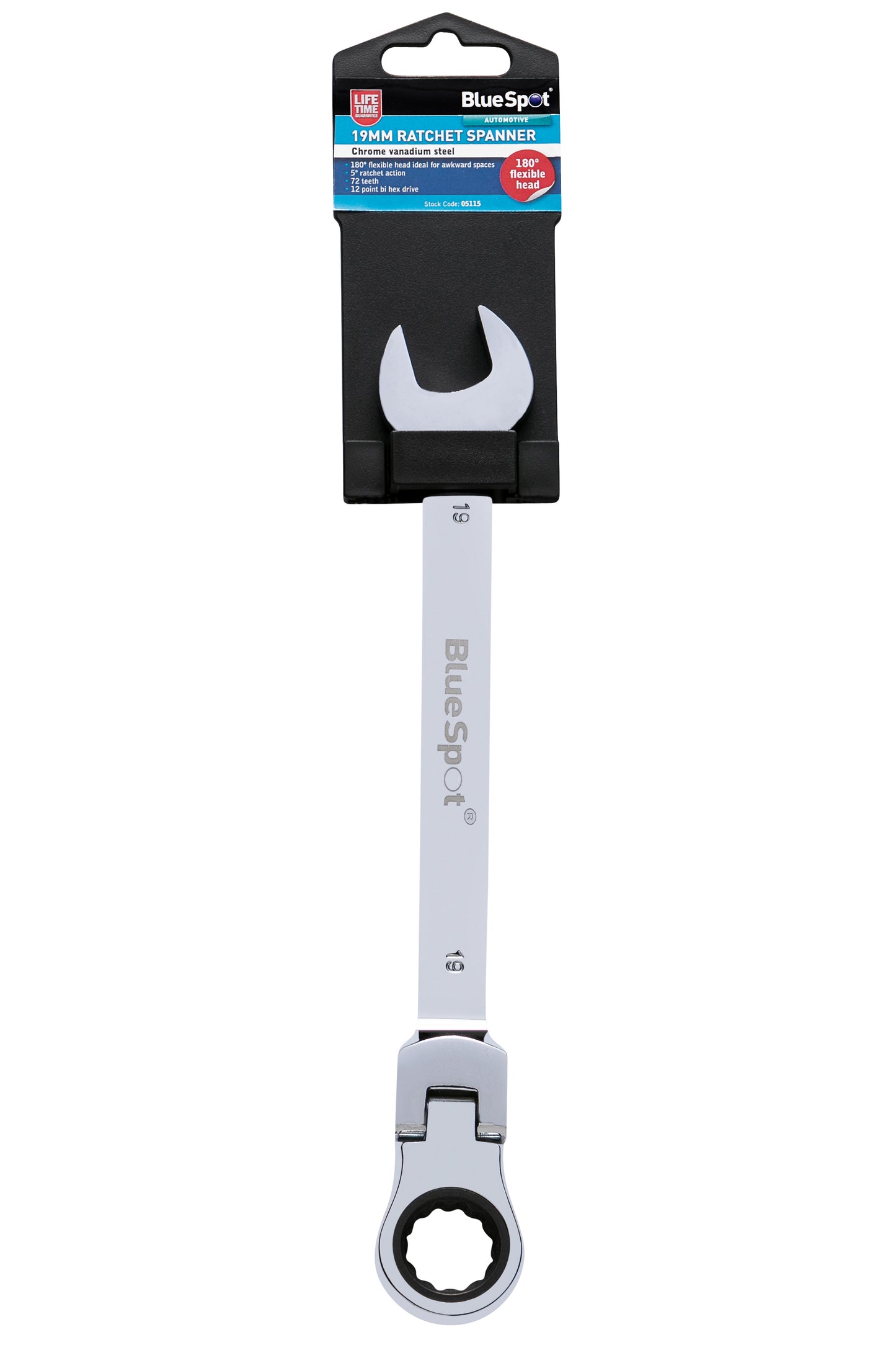 BlueSpot 19mm Chrome Vanadium Ratchet Spanner Flexible Head (180°) 05115