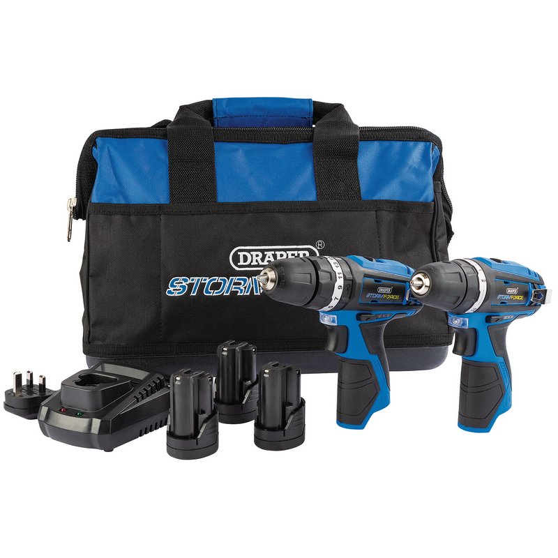 Draper Storm Force® ; 10.8V Power Interchange Combi Drill and Rotary Drill Twin Kit (+3 x 1.5Ah Batteries, Charger and Bag) DRA-52031