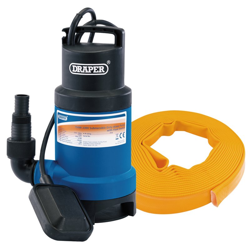Draper Submersible Dirty Water Pump Kit with Layflat Hose & Adaptor, 200L/Min, 10m x 25mm, 350W DRA-61814