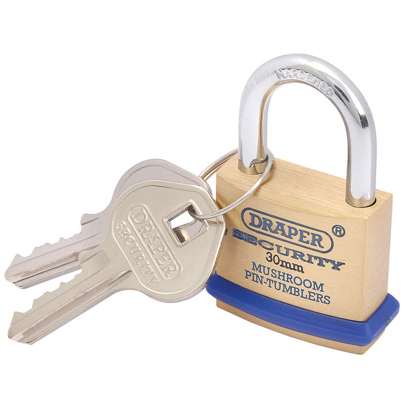 Draper Solid Brass Padlock and 2 Keys with Mushroom Pin Tumblers Hardened Steel Shackle and Bumper, 30mm DRA-64160