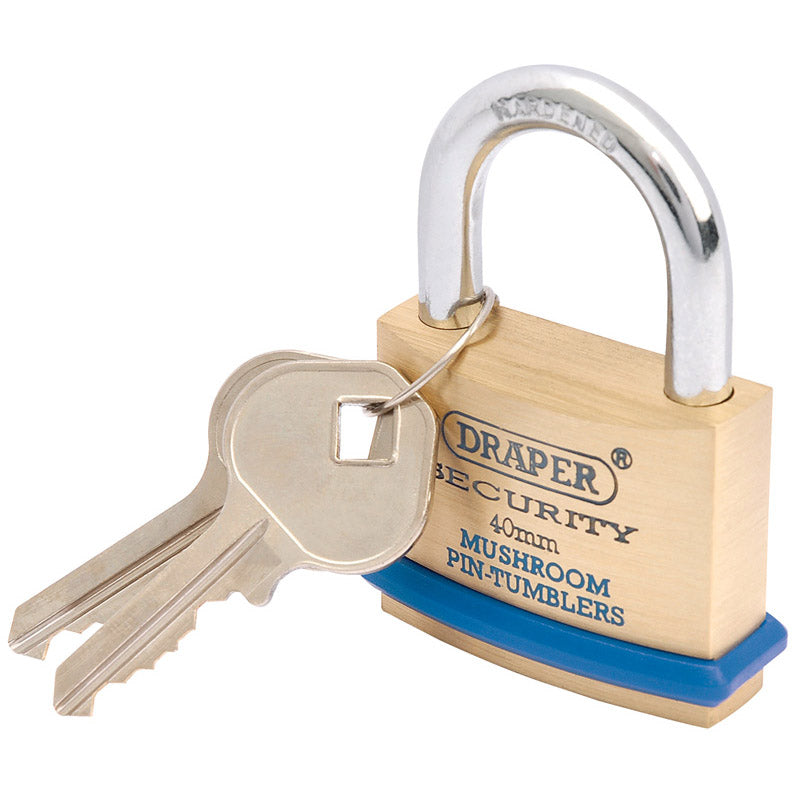 Draper Solid Brass Padlock and 2 Keys with Mushroom Pin Tumblers Hardened Steel Shackle and Bumper, 40mm DRA-64161