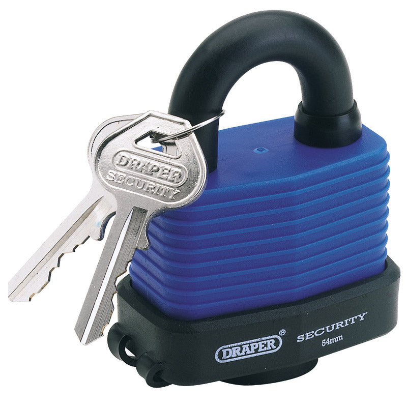 Draper Laminated Steel Padlock and 2 Keys with Hardened Steel Shackle and Bumper, 54mm DRA-64178