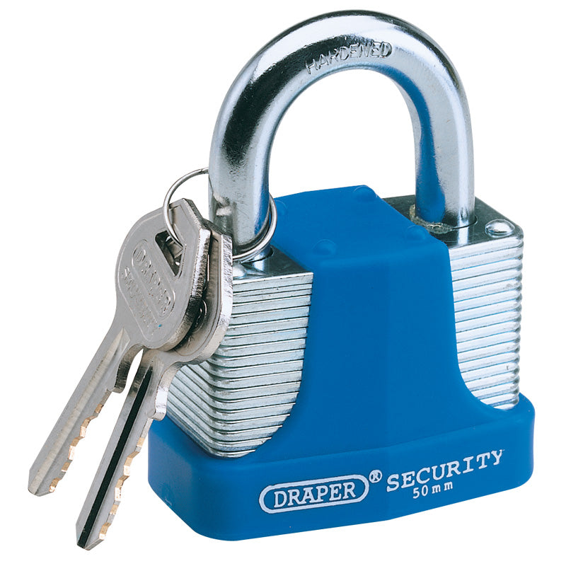 Draper Laminated Steel Padlock and 2 Keys with Hardened Steel Shackle and Bumper, 65mm DRA-64183