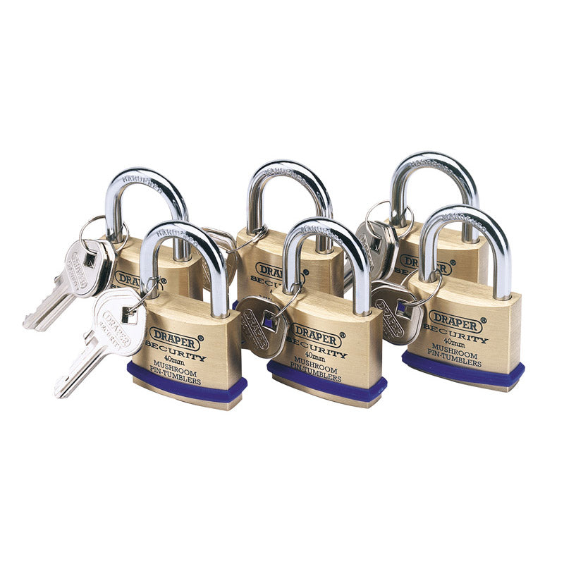 Draper Solid Brass Padlocks with Hardened Steel Shackle, 40mm (Pack of 6) DRA-67659