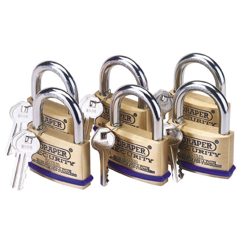 Draper Solid Brass Padlocks with Hardened Steel Shackle, 60mm (Pack of 6) DRA-67663